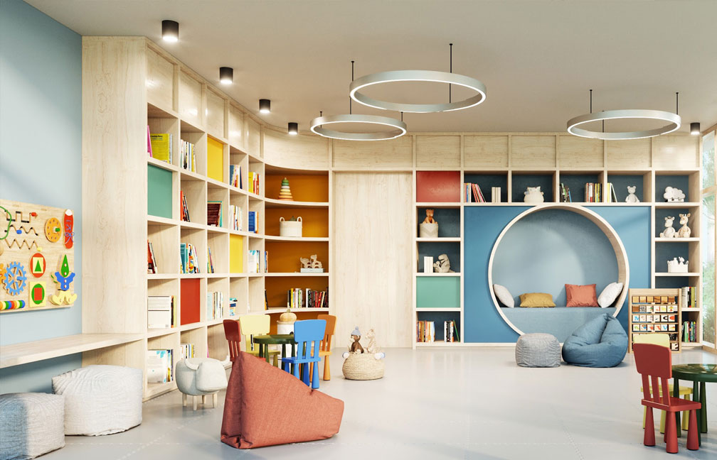 a room with books and pastel colors accent