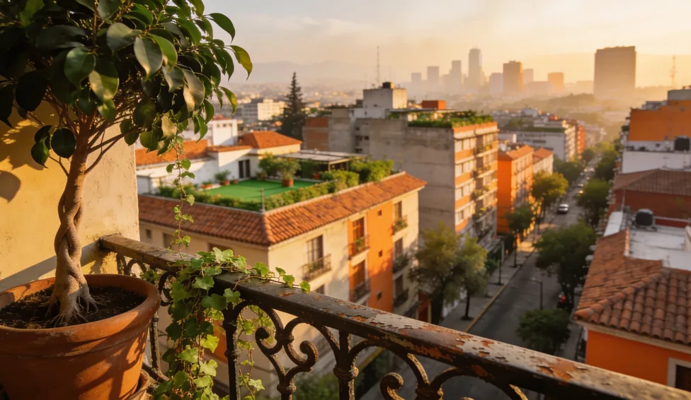 Vista de azotea con edificios residenciales de Ciudad de México al atardecer