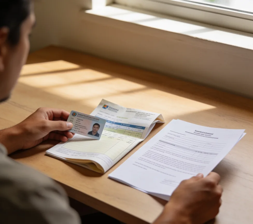 Persona organiza identificación oficial, comprobante de domicilio y contrato de arrendamiento sobre un escritorio